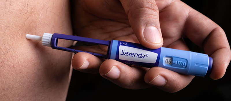 Close-up van Saxenda pen met instelbare dosering tot 3,0 mg