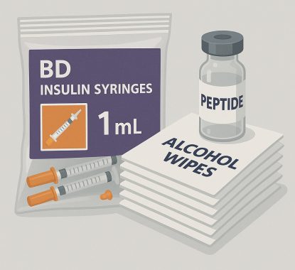 Injectieset met 1ml BD Micro-Fine insulinespuiten en alcoholwipes, geschikt voor gebruik met Semaglutide en andere peptiden, te bestellen zonder recept via semaglutidebestellen.com.
